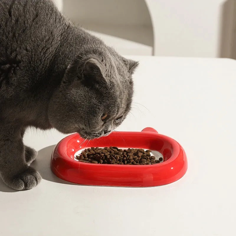 Ceramic pet bowl with animal figurine centrepiece, 9cm diameter for cat or small dog feeding