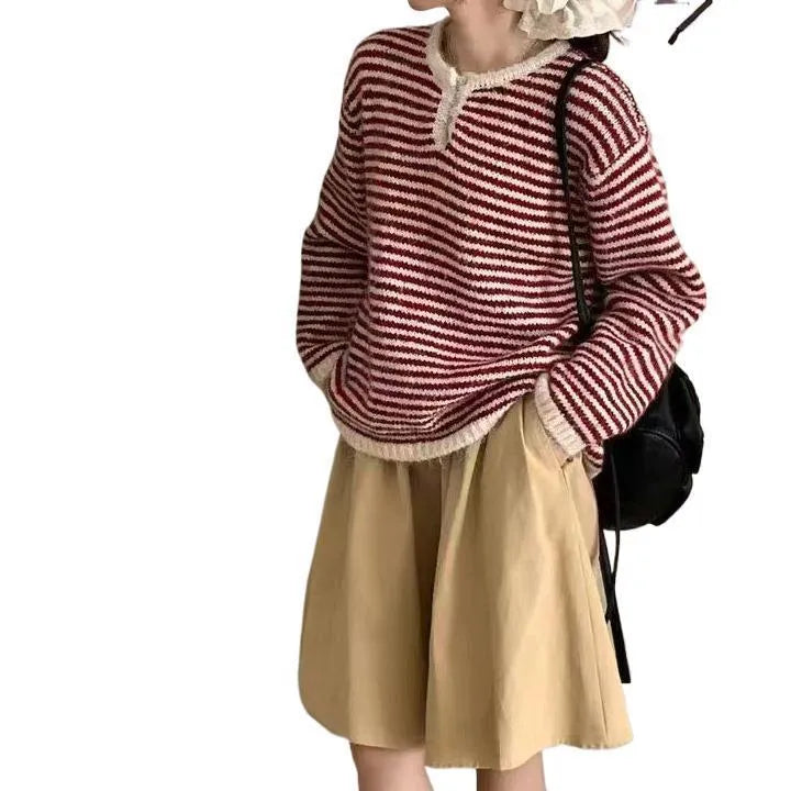 Red and blue striped cashmere pullover sweater for women with loose retro fit
