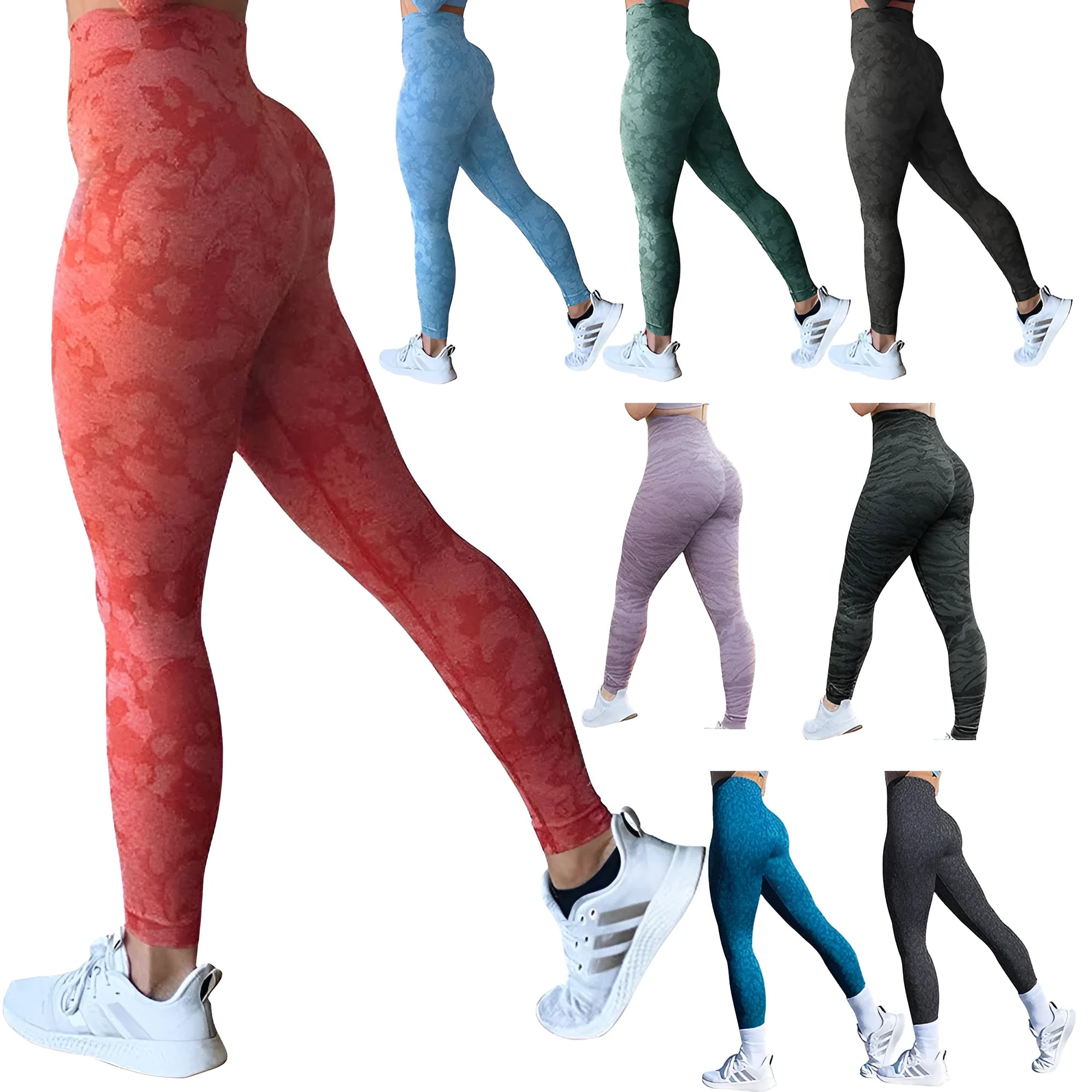 Women's butt-lifting fitness leggings in a camouflage print, shown on a model.