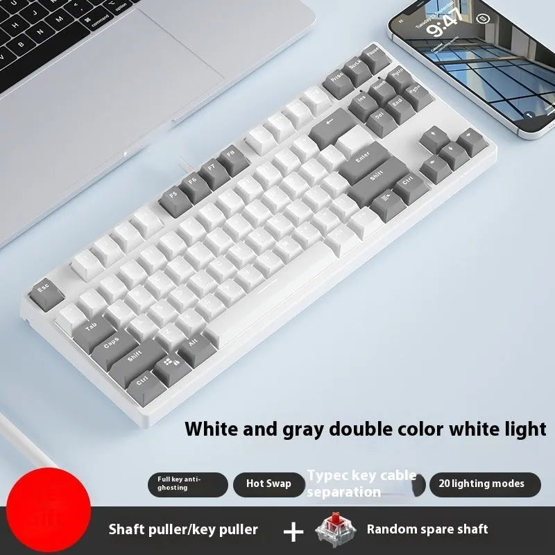 87-key wired mechanical keyboard with hot-swappable switches showing two-tone colour options