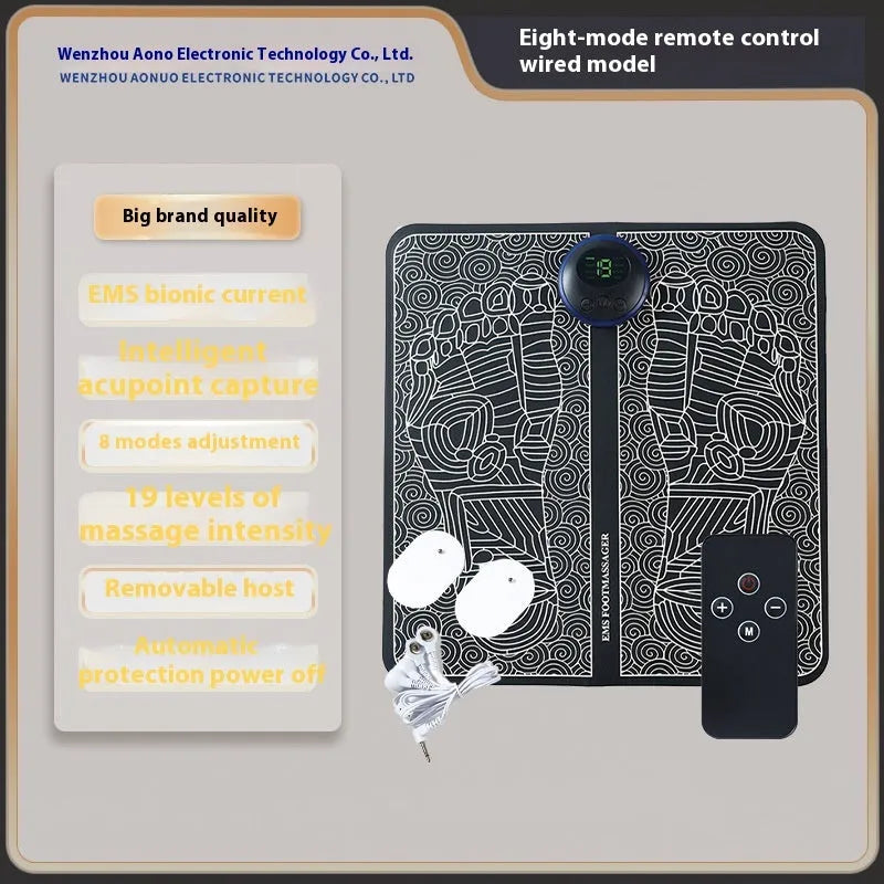 Blue rechargeable foot massager mat with remote control on wooden floor