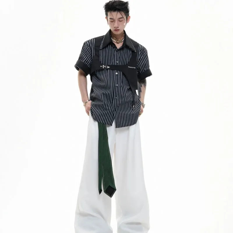 Men's black and white striped cotton shirt with a double collar creating a vest-like appearance.