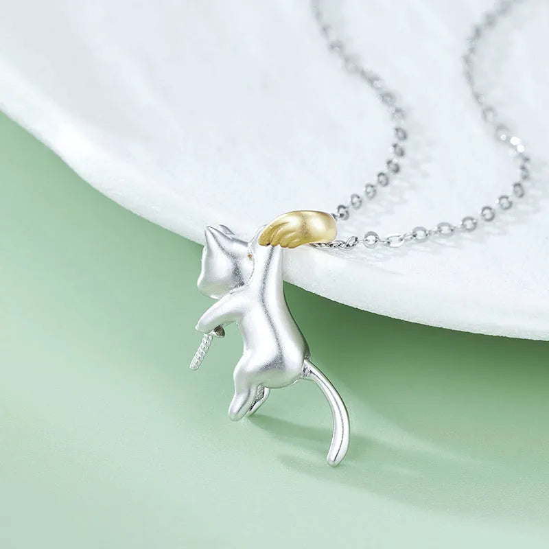 925 sterling silver clavicle chain necklace with feline pendant and electroplated finish
