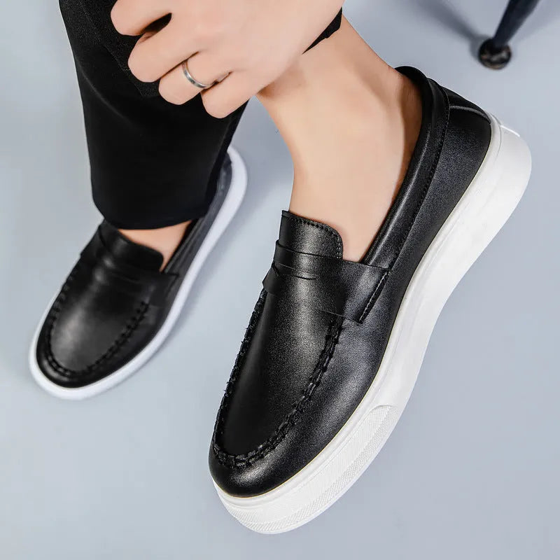 Men's casual PU leather slip-on loafer in British style with round toe, shown in khaki colour.