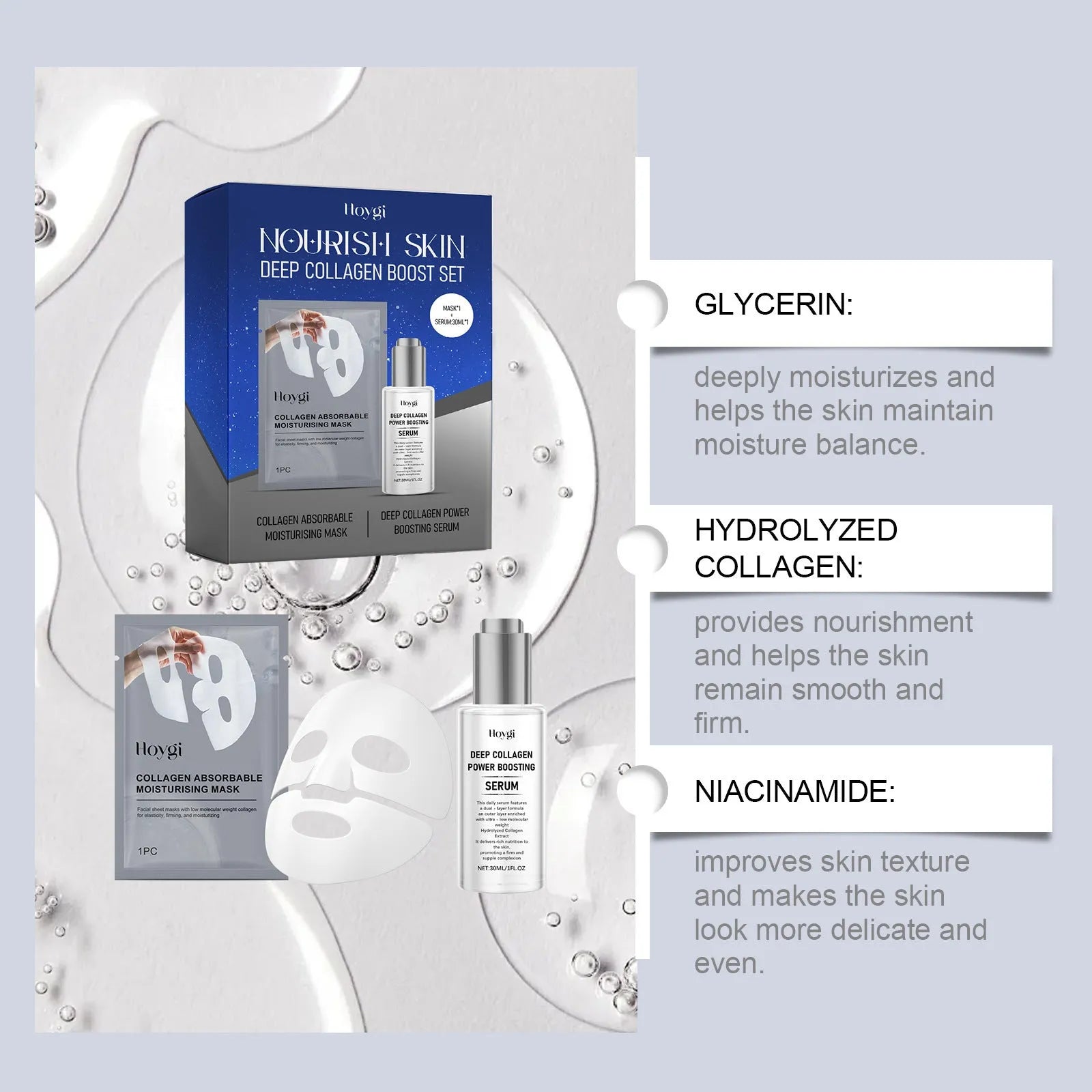 Collagen moisturising face mask and 30ML essence bottle skincare kit on white background