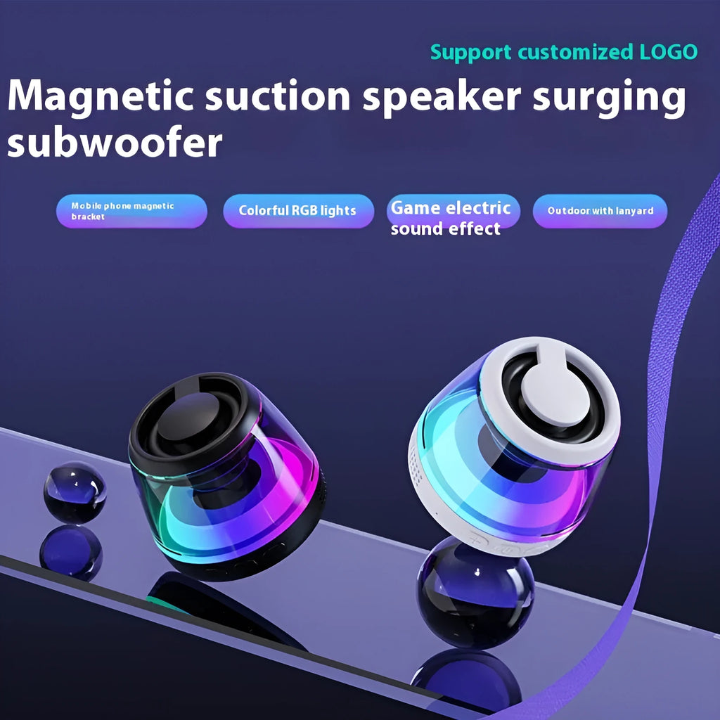 Compact white Bluetooth speaker with LED light on a magnetic base.