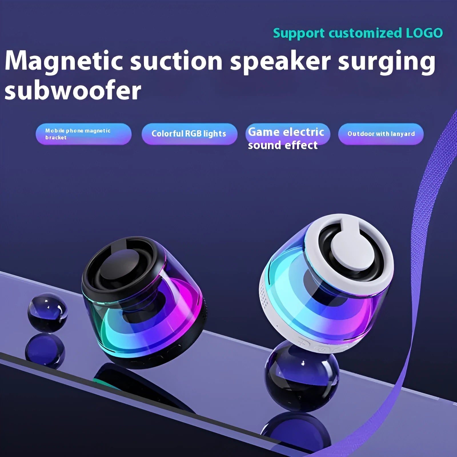 Compact white Bluetooth speaker with LED light on a magnetic base.