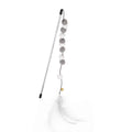 31cm long cat teaser stick with bell and contrast pompon feather toy in blue colour