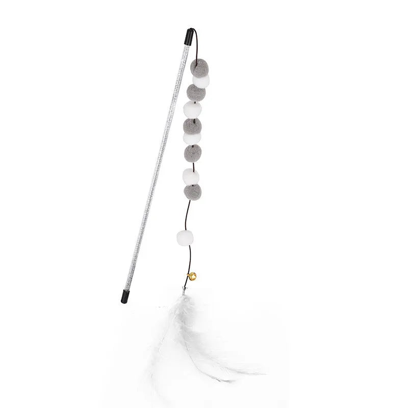 31cm long cat teaser stick with bell and contrast pompon feather toy in blue colour