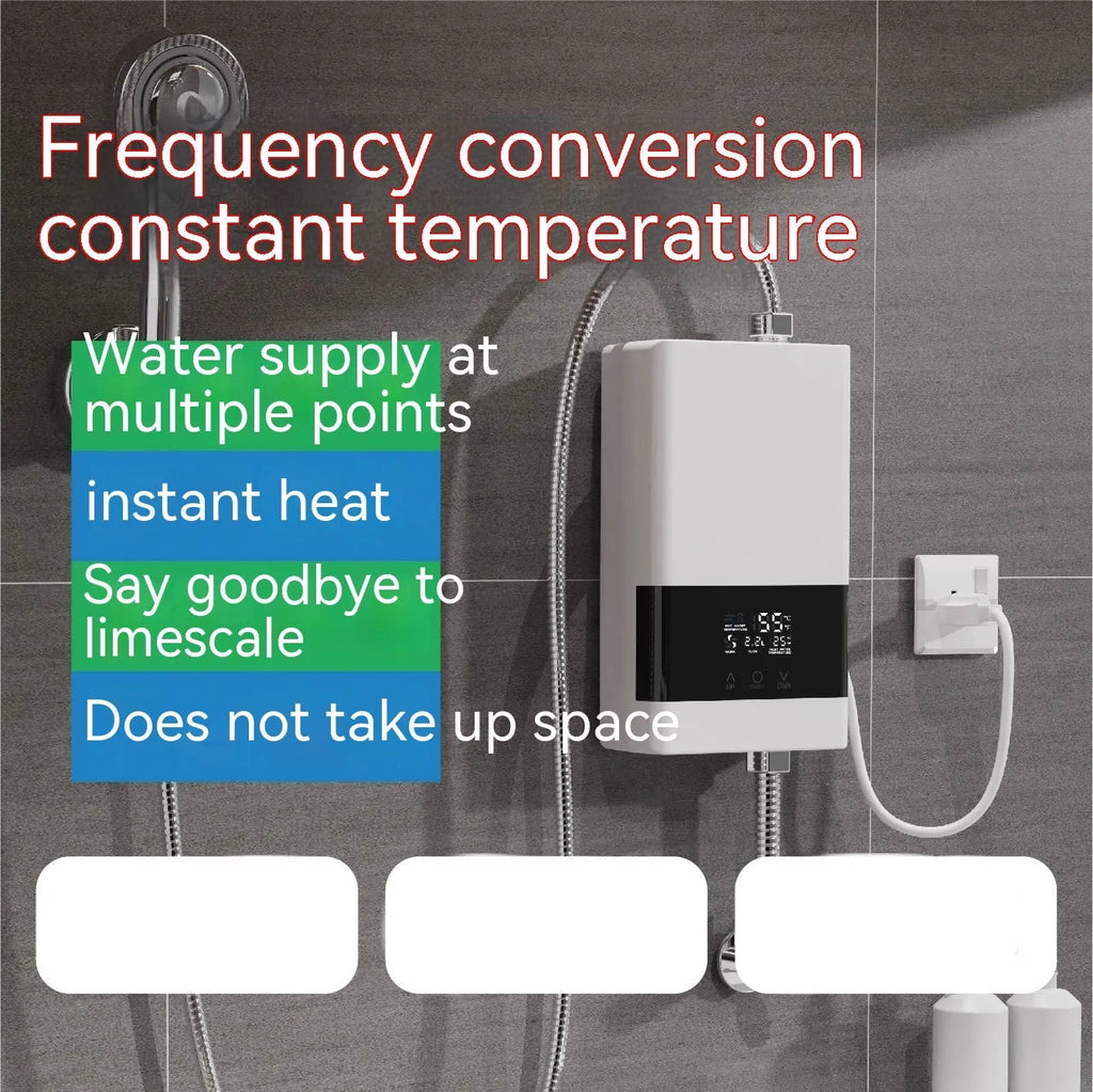 Gold household instantaneous electric water heater with LED touch screen and remote control.