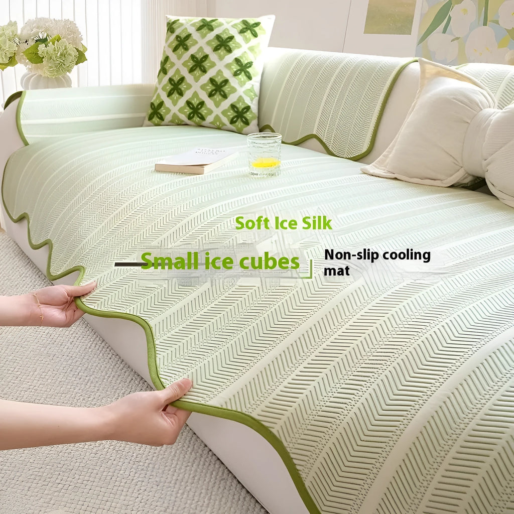 Ice Silk fabric sofa cover with non-slip cushioning in special-shaped straight row mat design