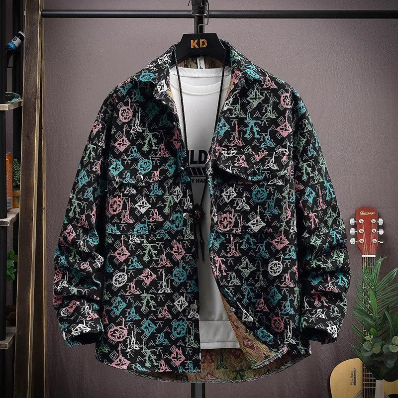 Men's casual lapel shirt coat jacket in polyester fabric with straight hem design.