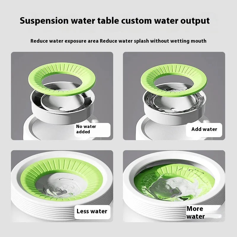 Green, blue, and brown pet suspension drinking bowl with separate base plate on a white background.