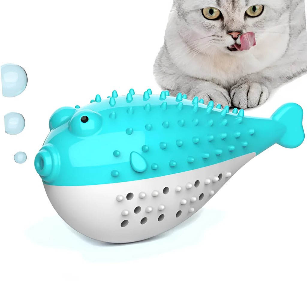 Silicone fish-shaped cat chew toy with grabbing feature in blue, green, pink or yellow options