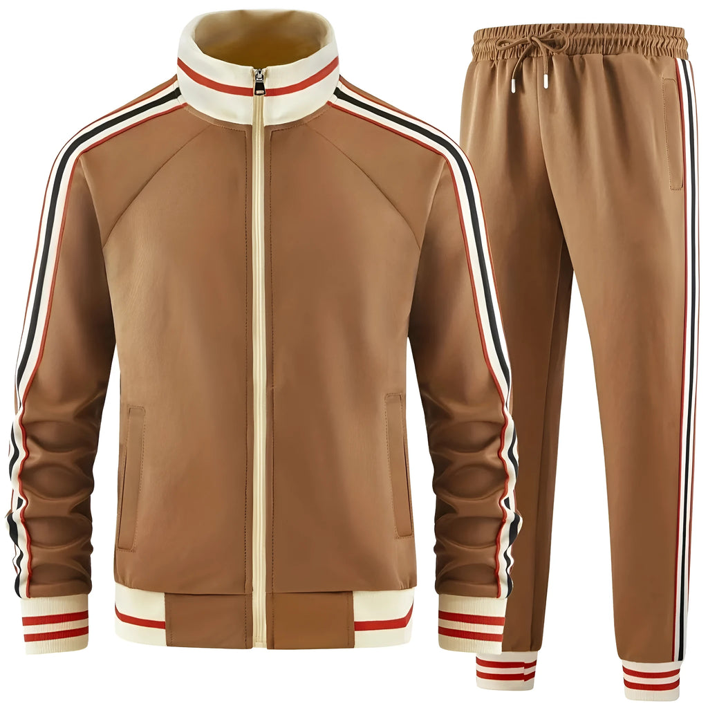 Men's casual two-piece suit set with zippered turtleneck cardigan and matching trousers in streetwear style