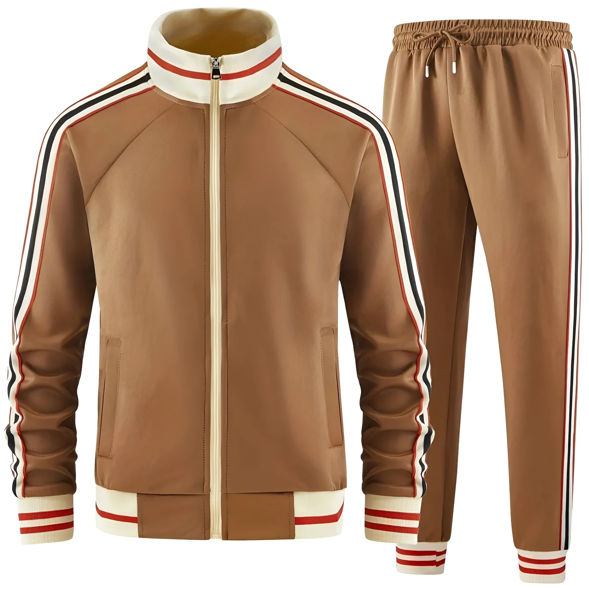 Men's casual two-piece suit set with zippered turtleneck cardigan and matching trousers in streetwear style