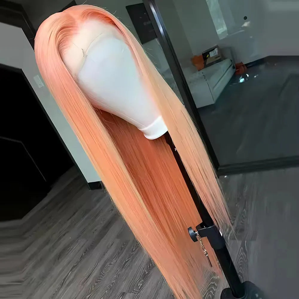 Light orange long straight synthetic wig with front lace and side bangs on a model.