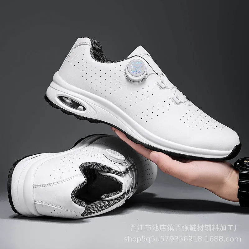 Men's black and white low-top casual tennis shoes with mesh uppers and composite soles