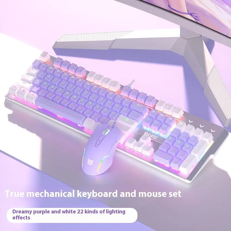 Purple and white mechanical keyboard and mouse wired set with backlight illumination