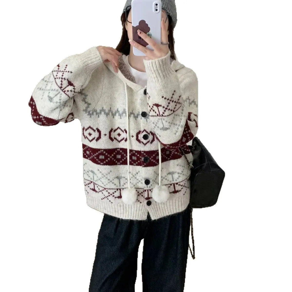 Women's geometric pattern brocade acrylic sweater coat in loose fit free size