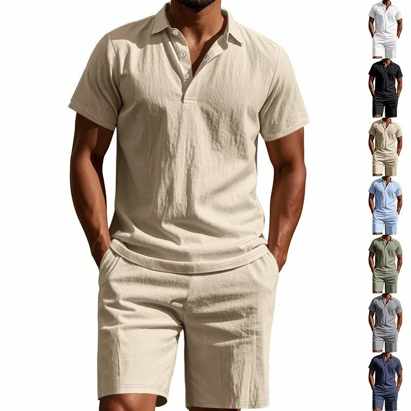 Men's linen blend shorts suit in apricot colour with short sleeves and casual fit