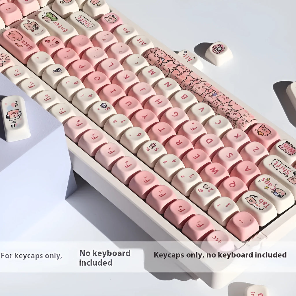 Pink PBT key cap set with a colourful fragrant pig character design on a keyboard.