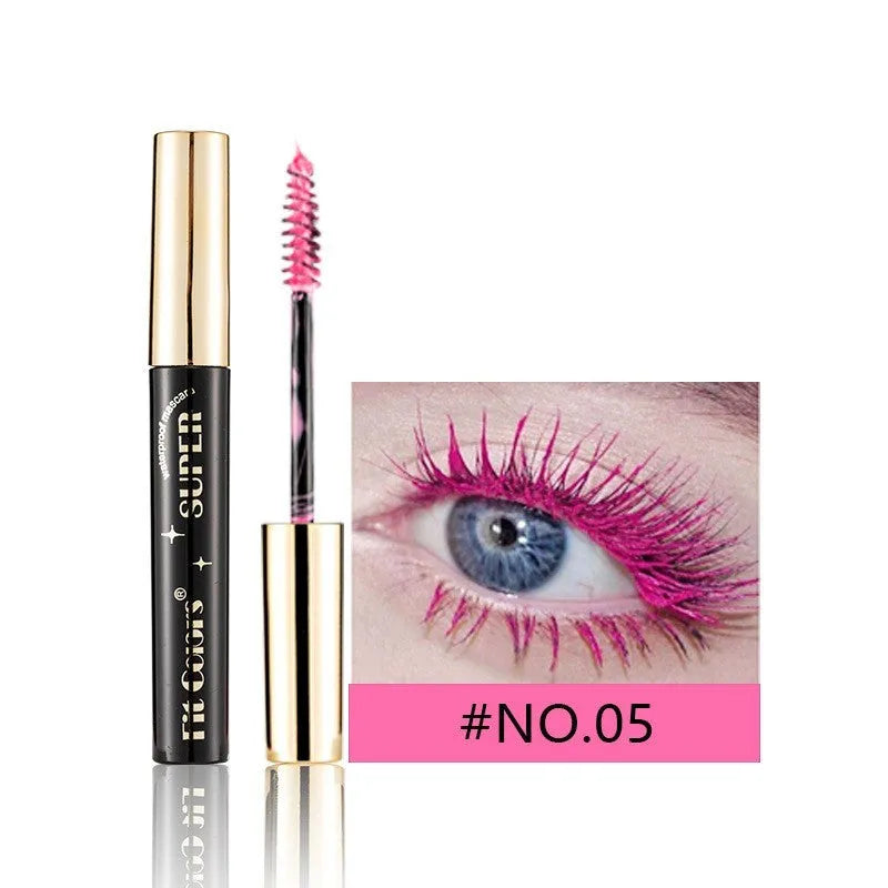 Colourful waterproof mascara tube displaying vibrant shades like wine red, gold, and mermaid green for stage and event makeup.
