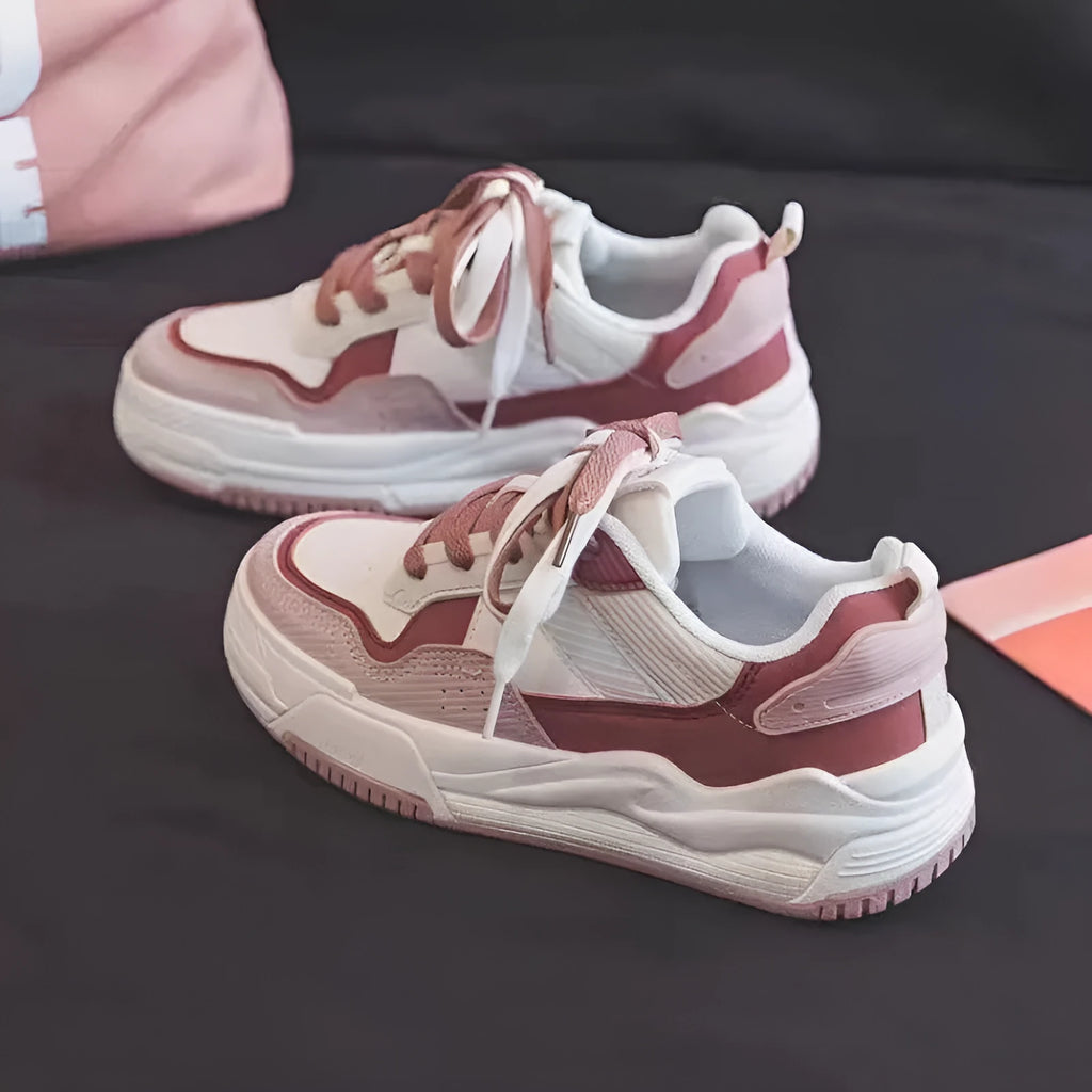 Women's pink and white height increasing rubber sneakers with low-top design
