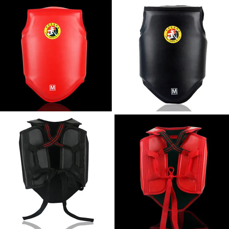 Red boxing protective gear set with helmet and chest protector for training