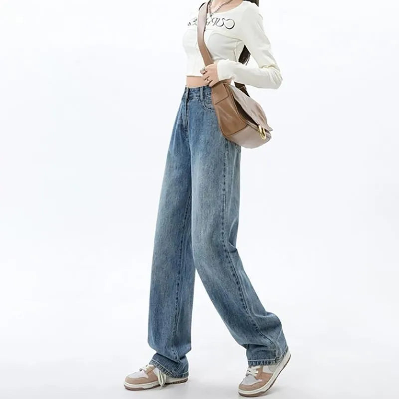 Women's retro blue wide leg high waist jeans with straight cut and spandex denim