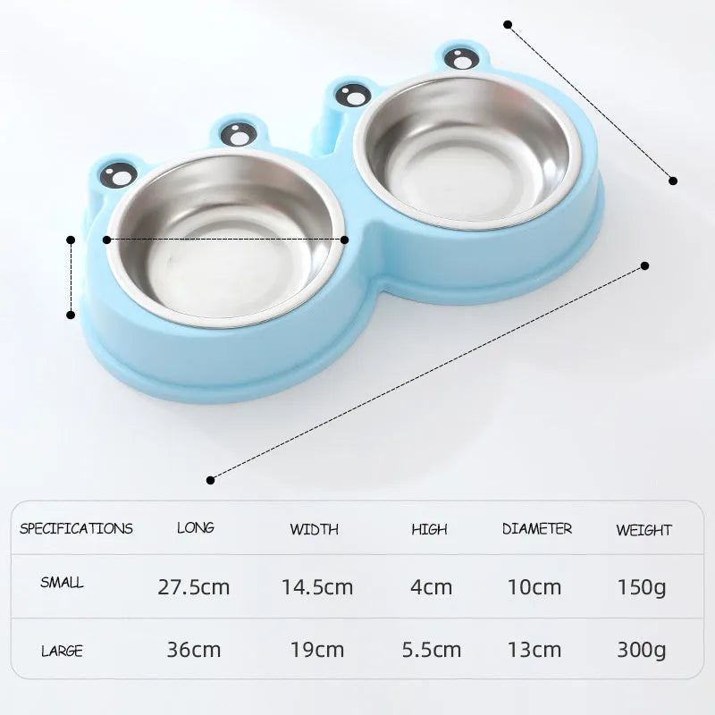 Blue frog-shaped pet double bowl with two stainless steel compartments for food and water