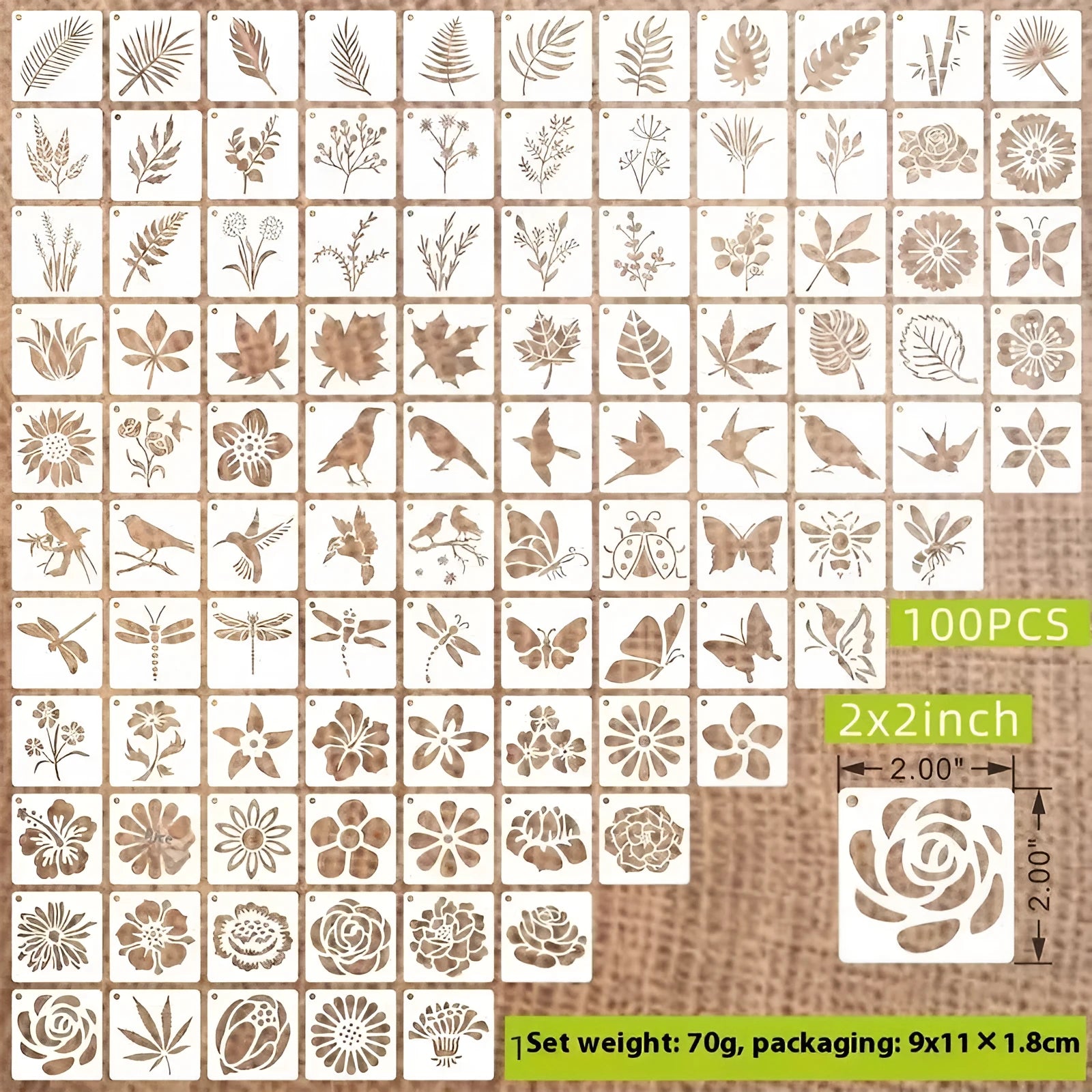 Milky white PET film 2-inch spray painting stencil templates with flower, leaf, bird, ocean, and animal patterns