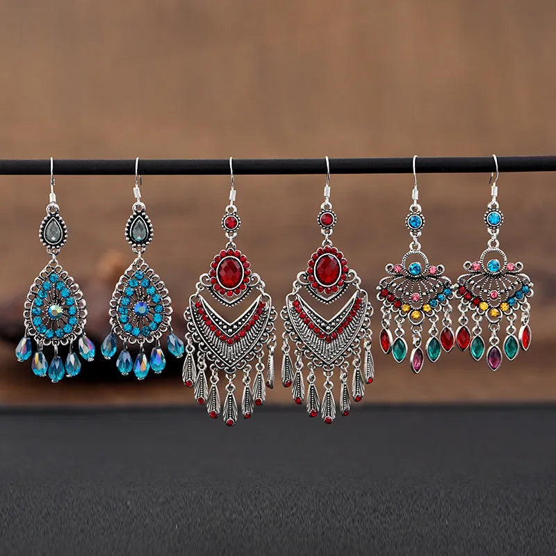 Smart water drop purple retro ethnic-style long crystal fringe earrings with alloy drop shape