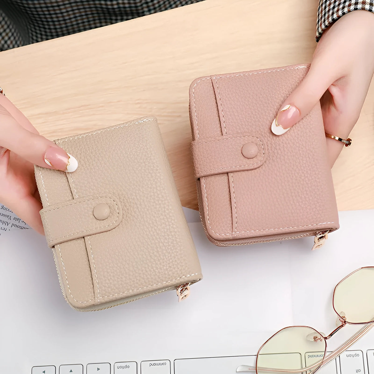 Women's short organ wallet with lychee pattern lining in beige, pink, black and red colours