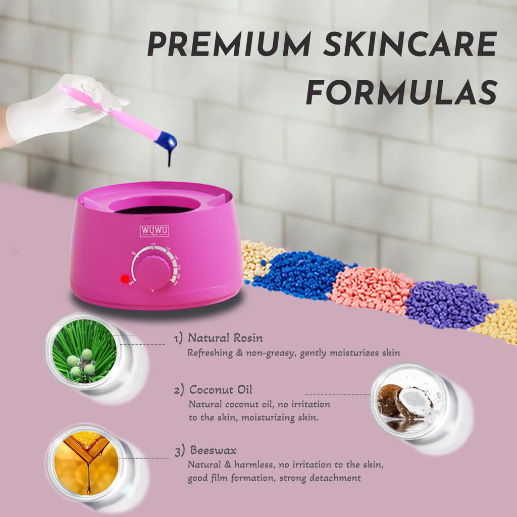 Professional waxing kit with 52 pieces including wax warmer, hard wax beans, applicators and post-treatment products