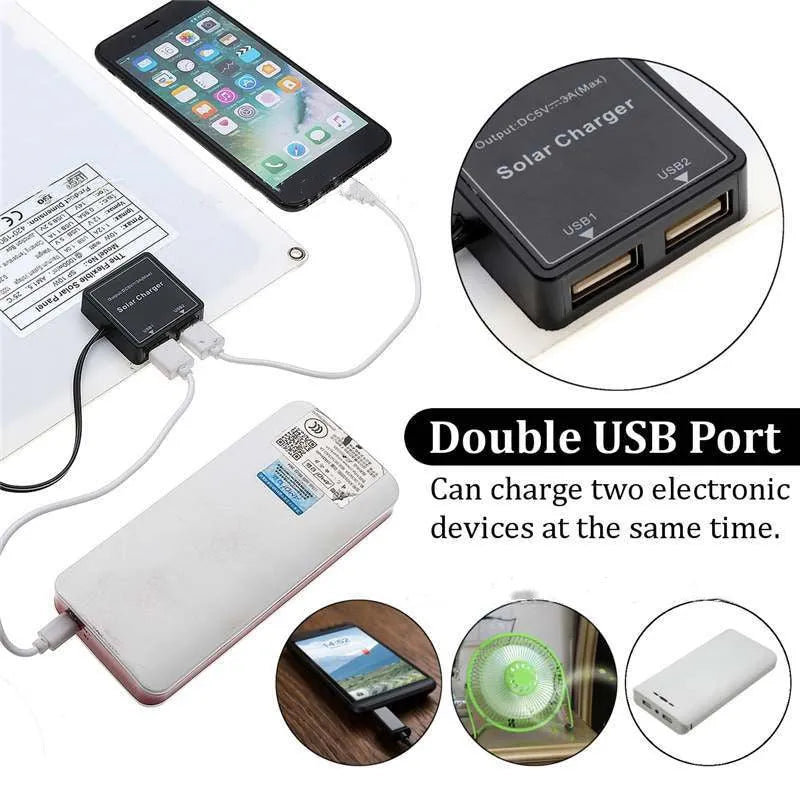 Polycrystalline silicon solar panel with dual USB ports for outdoor charging of mobile phones and tablets.