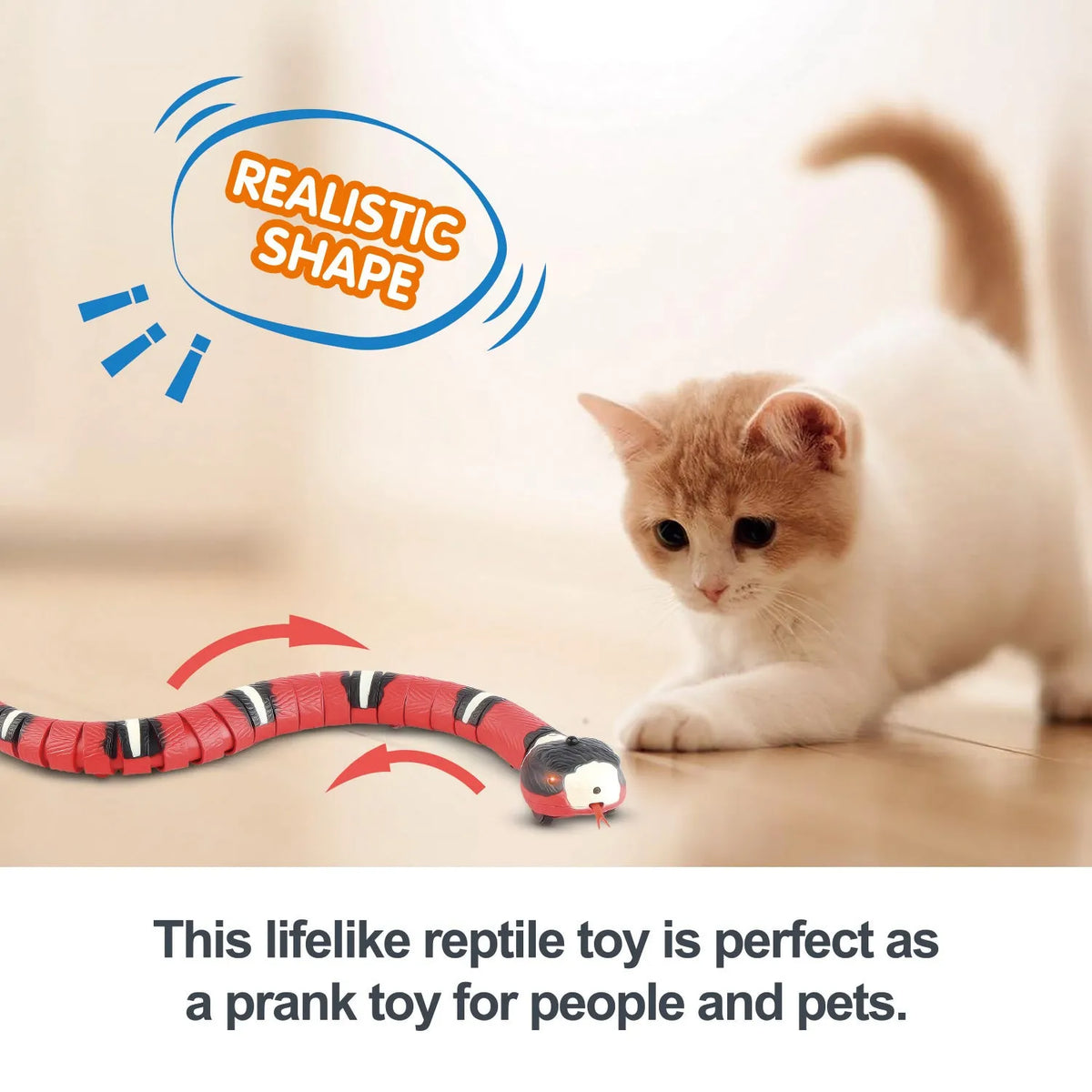 Automatic electronic snake cat toy with segmented plastic body on a floor.