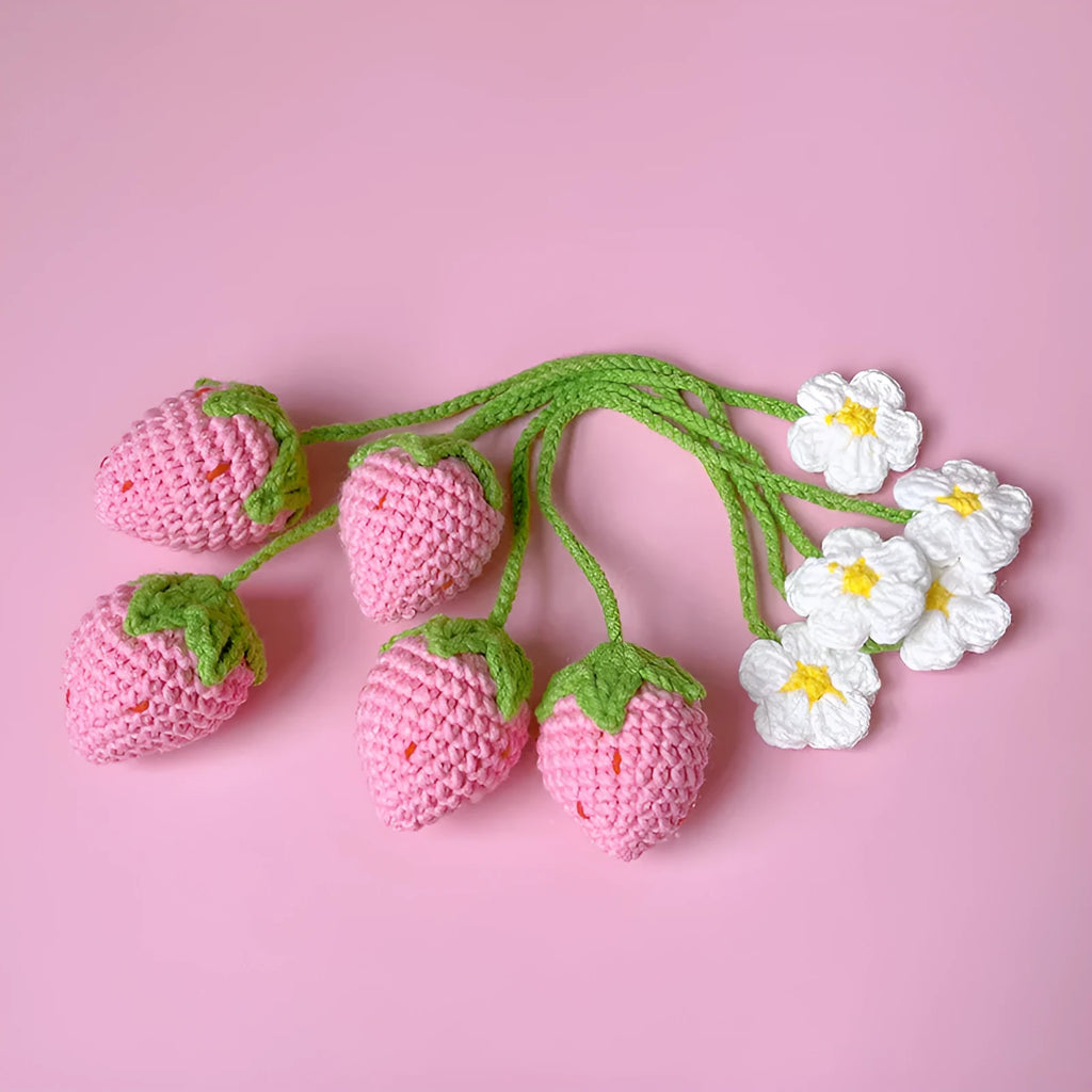Handmade wool crochet strawberry pendant with 35cm length in red or pink colour