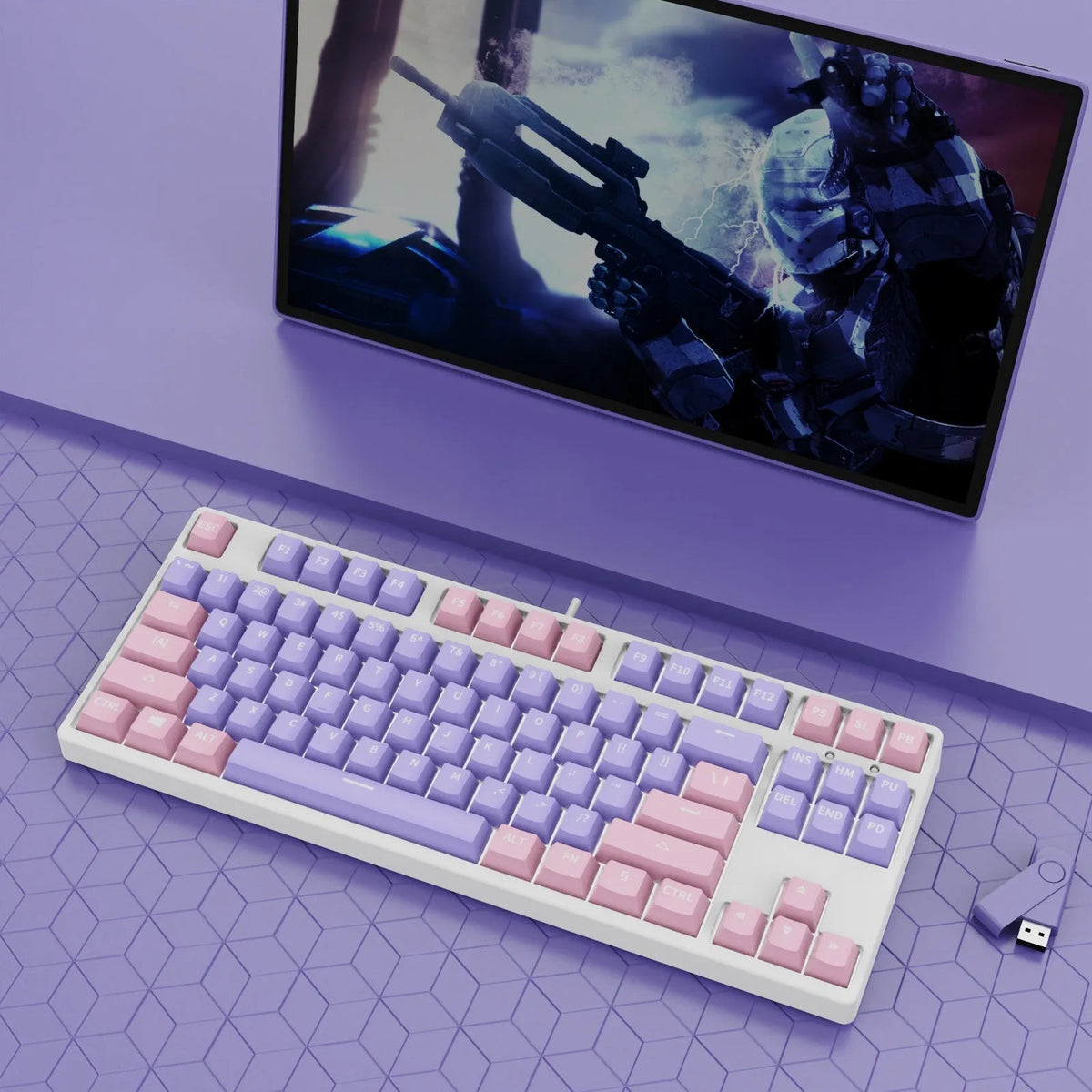 87-key wired mechanical keyboard with hot-swappable switches showing two-tone colour options