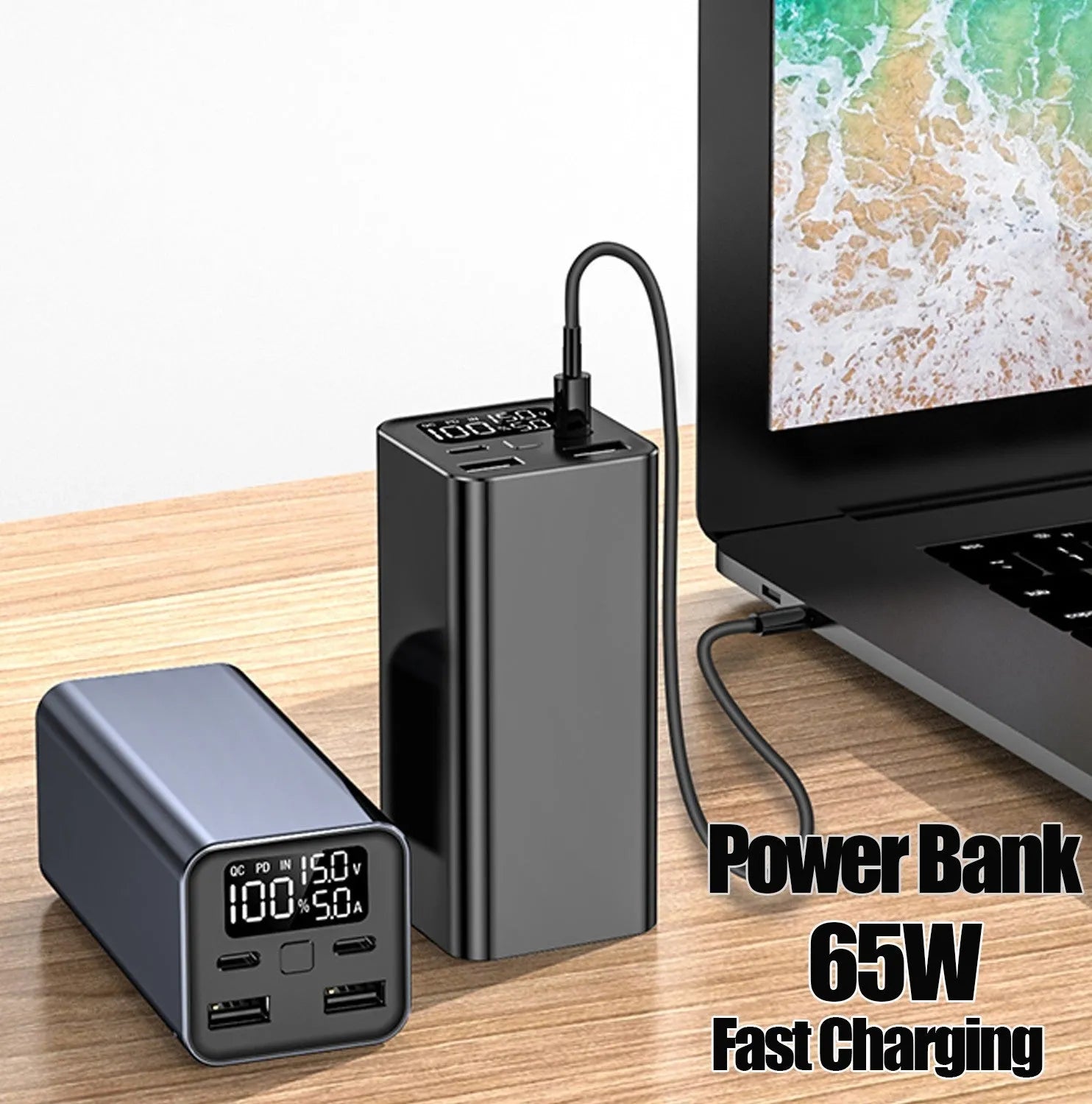 65W laptop charging bank with 20000mAh battery in metal casing showing black, blue and grey colour options