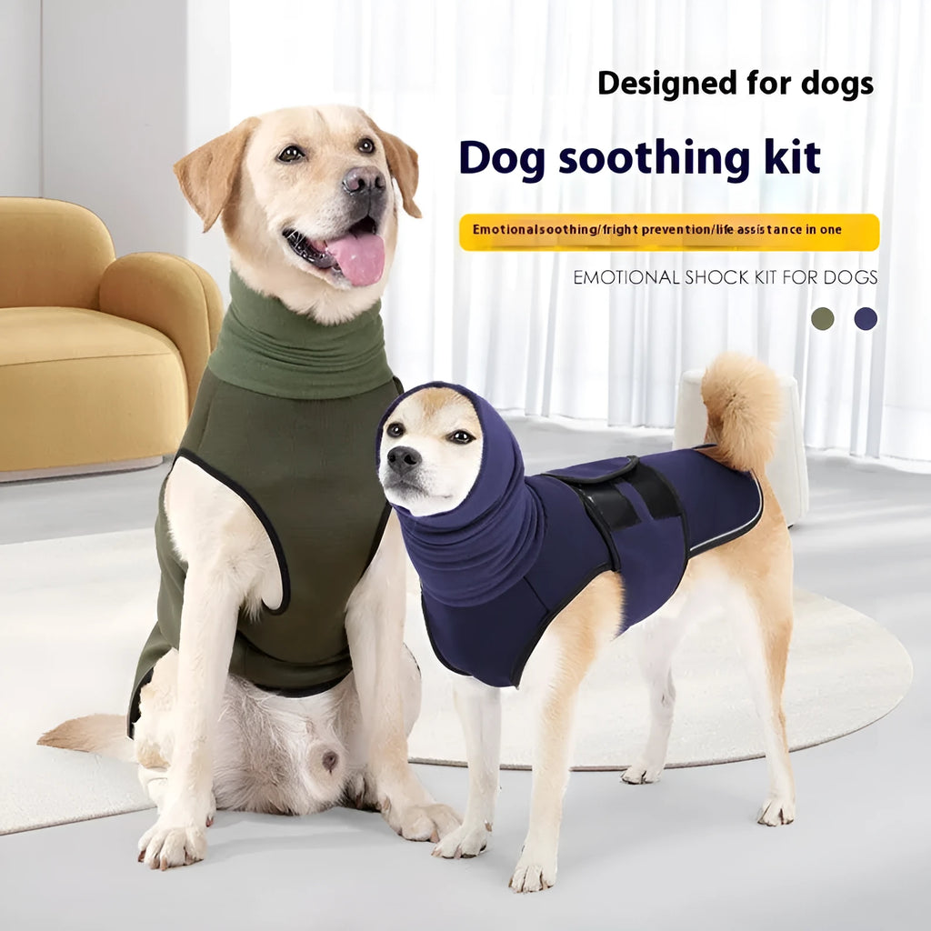 Dog wearing polyester anti-anxiety jacket in army green colour