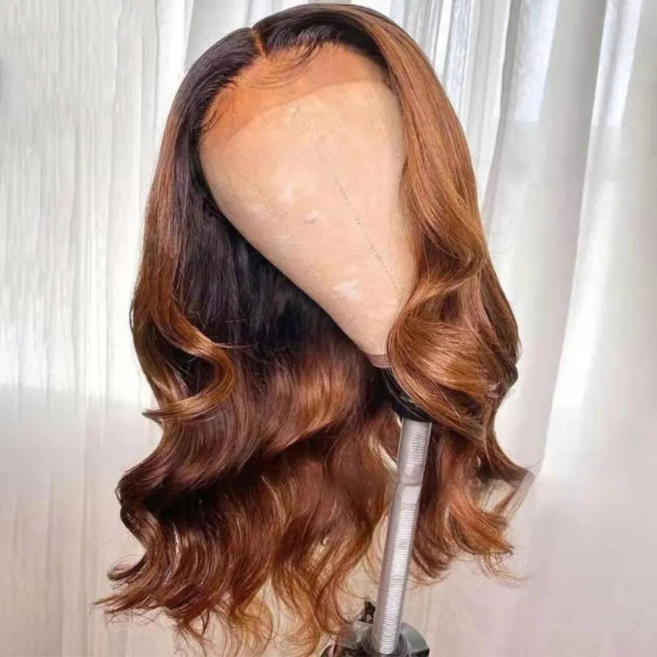 A human hair lace front wig in a Ruili gradient colour, displayed on a wig stand