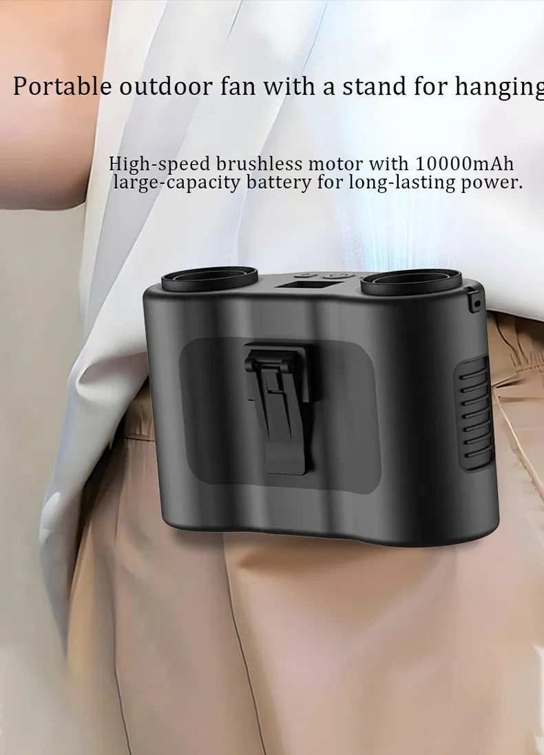 Black waist-hung personal portable fan with lanyard, showing five-blade turbine and top control button.