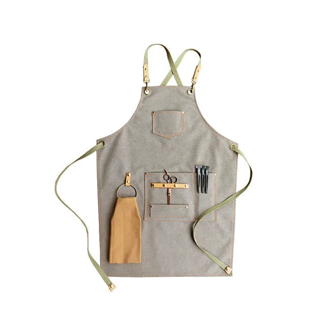 Canvas apron with cross straps in camel colour for baking and gardening work