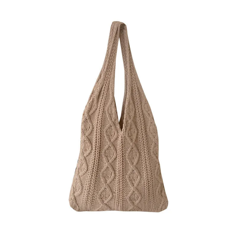 Women's retro hollow knitted woolen yarn shoulder tote bag in a solid colour with double straps.