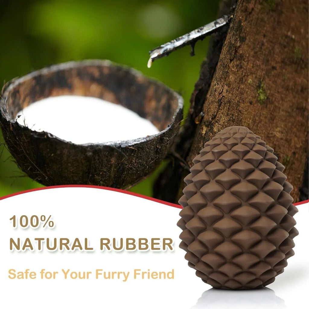Yellow pine cone shaped dog chew toy with treat dispenser hole and textured surface