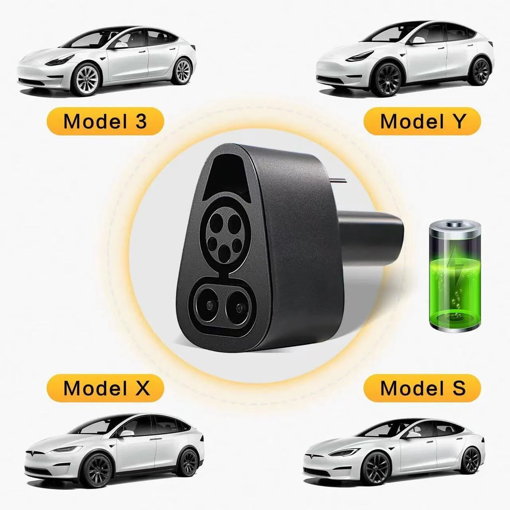 Black Tesla charging plug conversion adapter with specifications for 80A and 500V