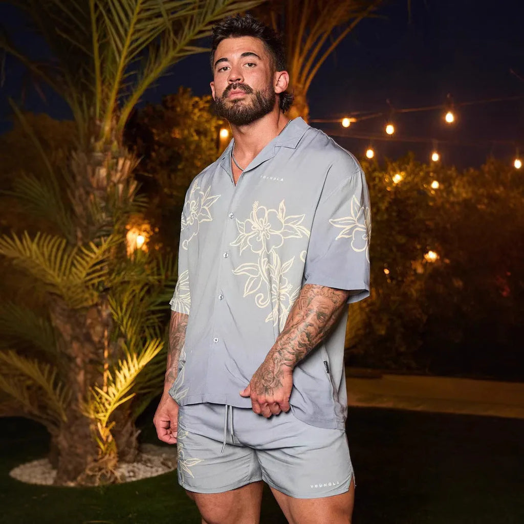 Men's loose fit printed short sleeve top in cardigan style with floral pattern
