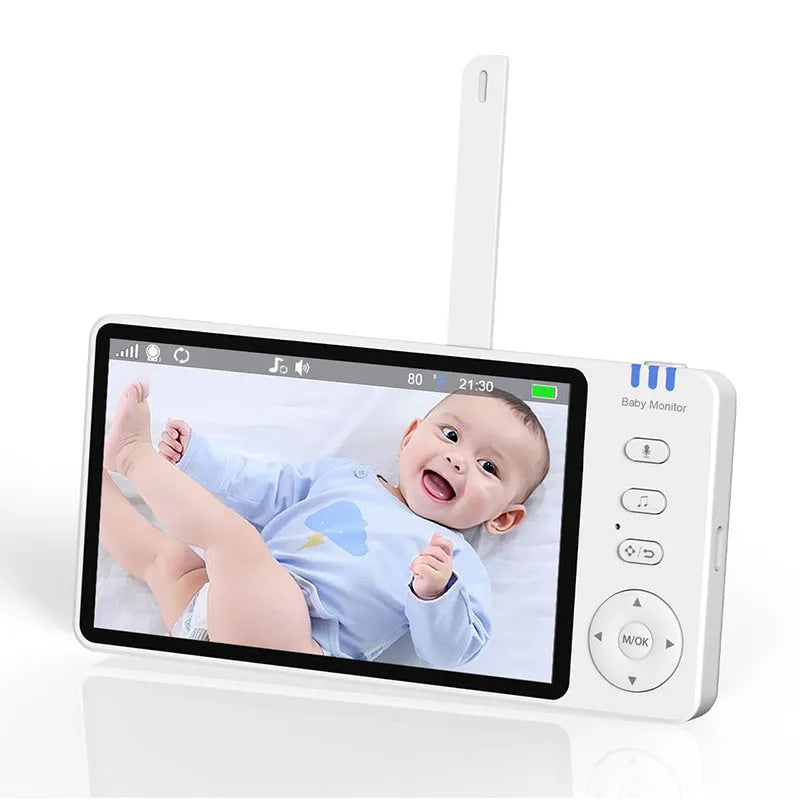 White HD wireless baby monitor with 5-inch screen showing nursery temperature display