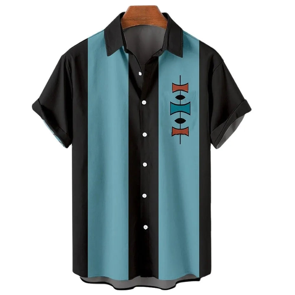 Men's striped Hawaiian short sleeve shirt with button front and elastic band construction